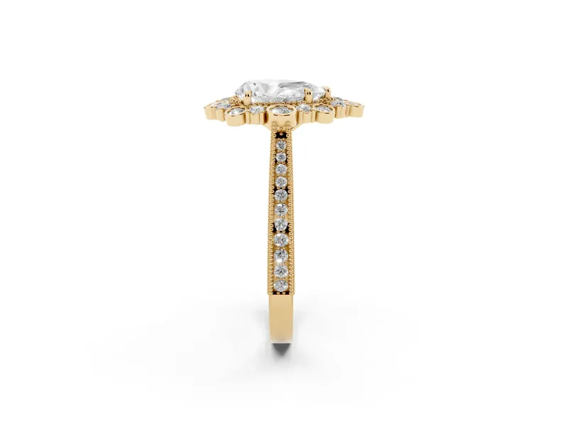 Pear-Shaped Vintage Scalloped Halo Engagement Ring Setting | Milgrain Pavé Band | Yellow Gold