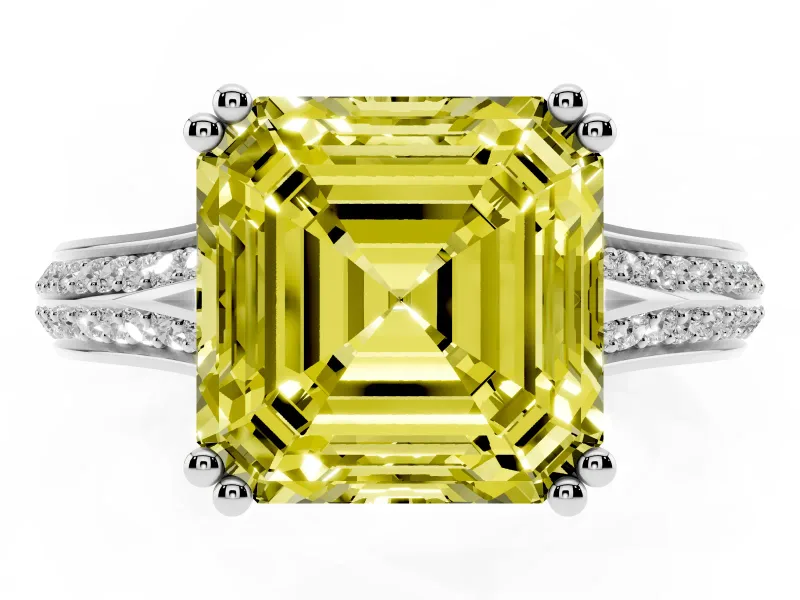 Asscher Cut Split Shank Engagement Ring Setting for a Fancy Yellow Lab-Grown Diamond | Pave Band | Sterling Silver