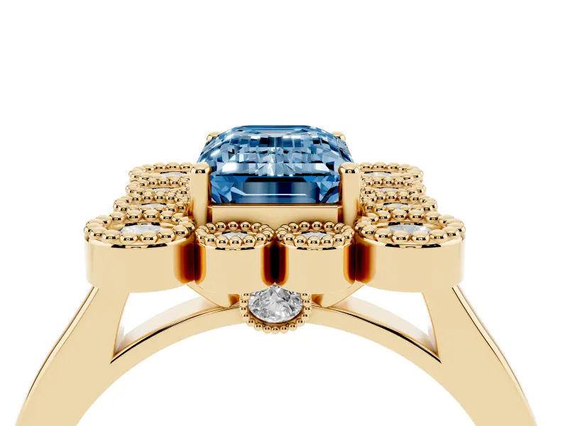 Emerald Cut Milgrain Cluster Halo Engagement Ring Setting for a Fancy Blue Lab-Grown Diamond | Plain Band | Yellow Gold
