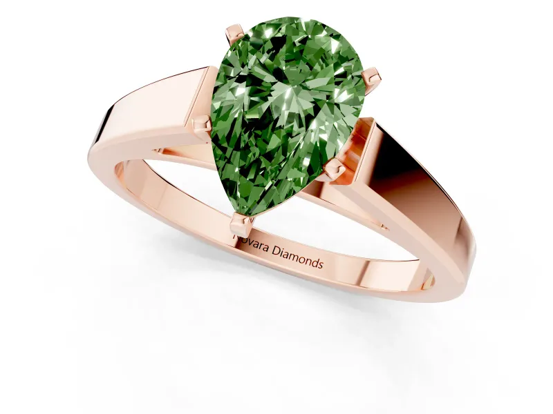 Fancy Green Pear Cut Diamond Solitaire Engagement Ring Set in Rose gold with Prong Setting and Tapered Band