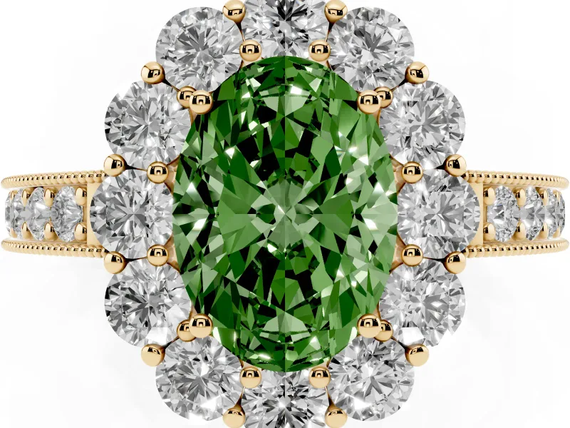 Oval Vintage Halo Engagement Ring Setting for a Fancy Green Lab-Grown Diamond | Yellow Gold