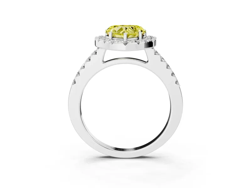 Fancy Yellow Heart Cut Diamond Halo Pavé Solitaire Ring Set in White gold with Prong-Set Center Stone