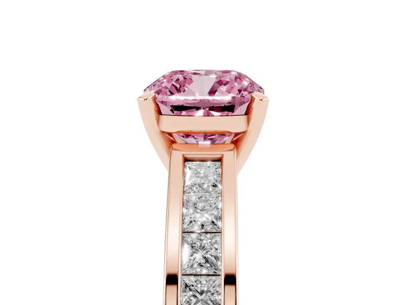 Fancy Pink Cushion Cut Diamond Solitaire Ring Set in Rose gold with Channel-Set Band and Prong Setting