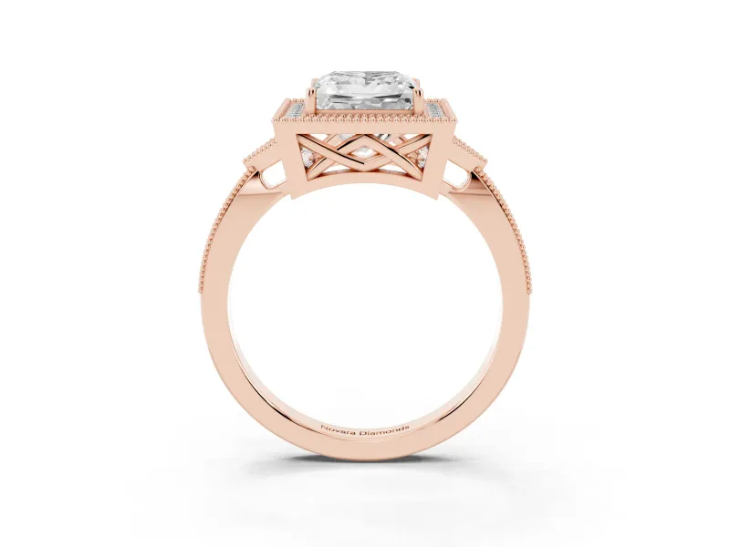 Princess Cut Diamond Halo Engagement Ring Set in Rose gold with Milgrain Pavé Band