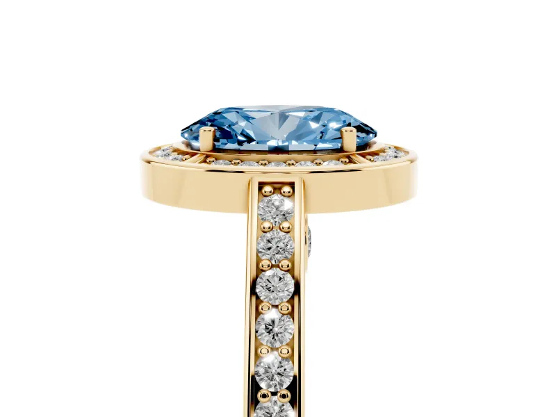 Fancy Blue Oval Cut Diamond Halo Pavé Split Shank Ring Set in Yellow gold with Prong Setting