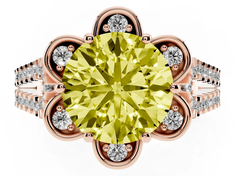 Round Floral Halo Engagement Ring Setting for a Fancy Yellow Lab-Grown Diamond | Pavé Split Shank | Rose Gold