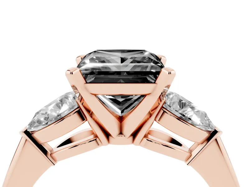 Fancy Black Three-Stone Princess Cut Diamond Ring Set in Rose gold with Pear Side Stones and Prong Setting