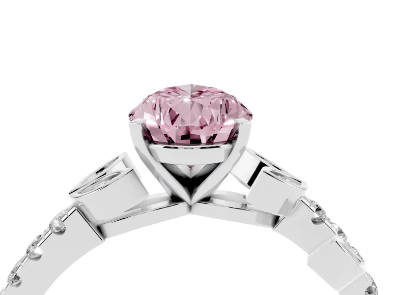 Fancy Pink Pear Cut Diamond Solitaire Leaf-Inspired Ring Set in Silver with Pavé Band and Prong Setting