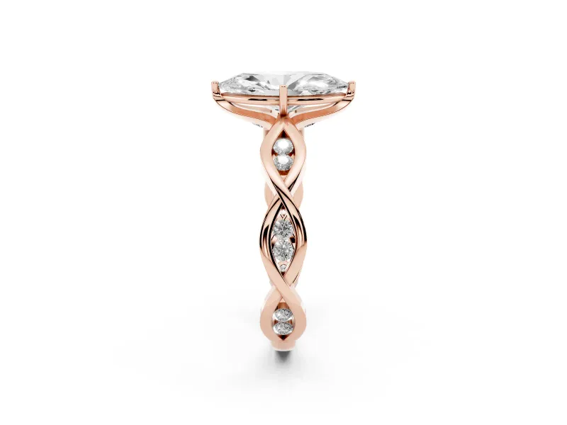 Marquise Cut Diamond Twist Band Solitaire Ring Set in Rose gold with Leaf Prong Setting and Accent Stones