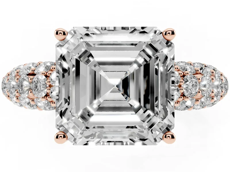 Asscher Cut Multi Row Pave Solitaire Engagement Ring Setting | Domed Shoulders | Rose Gold