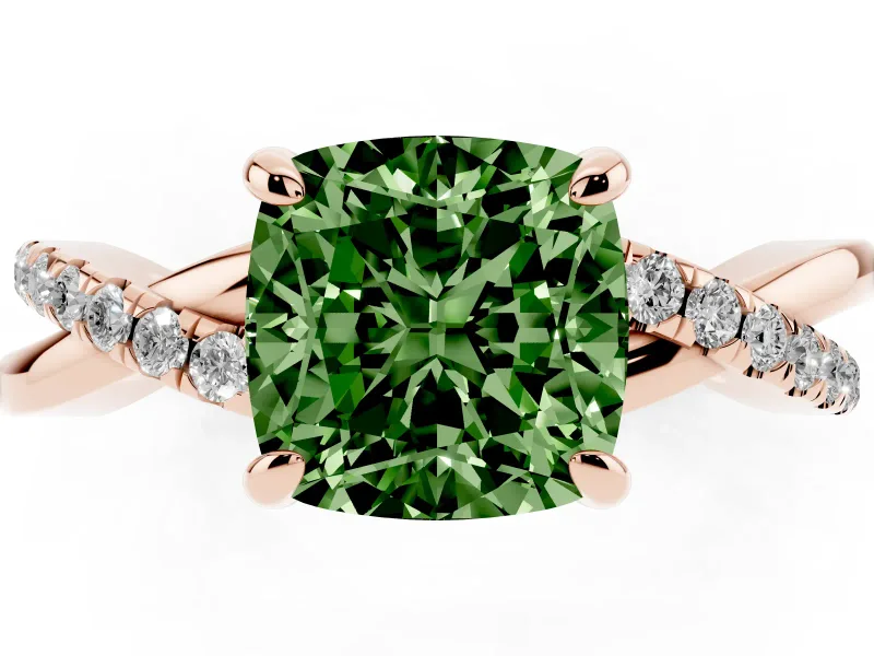Fancy Green Cushion Cut Diamond Twist Band Solitaire Set in Rose gold with Pavé Accents and Prong Setting