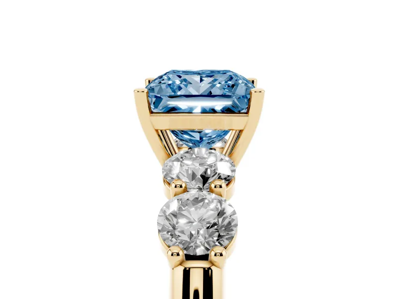 Princess Cut Five Stone Engagement Ring Setting for a Fancy Blue Lab-Grown Diamond | Prong Set Side Stones | Yellow Gold