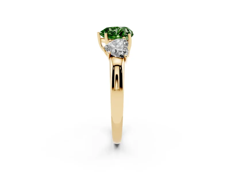 Fancy Green Heart Cut Diamond Three-Stone Ring Set in Yellow gold with Bold Center and Classic Band