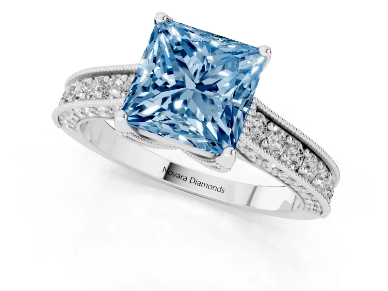 Princess Cut Hidden Halo Engagement Ring Setting for a Fancy Blue Lab-Grown Diamond | Milgrain Pave | Platinum