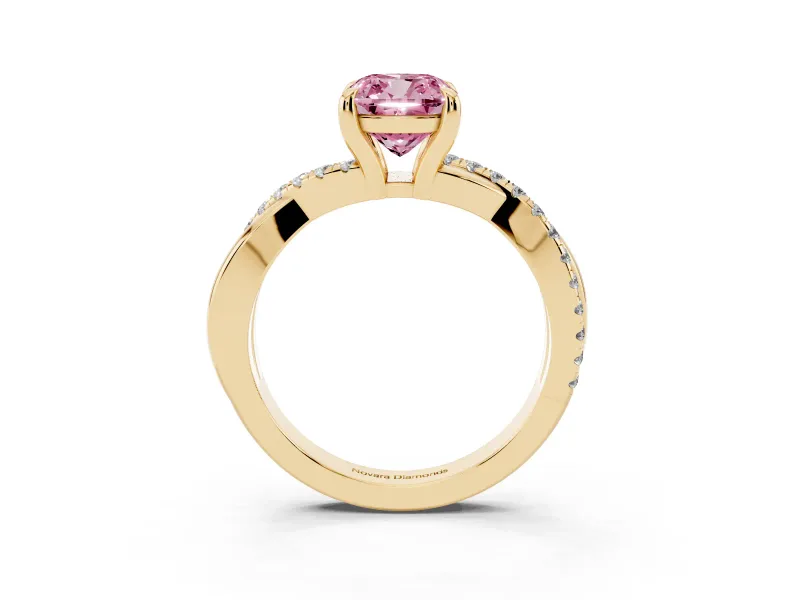 Fancy Pink Cushion Cut Diamond Twist Band Solitaire Set in Yellow gold with Pavé Accents and Prong Setting