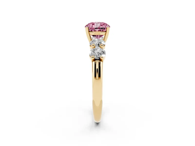 Cushion Cut Five Stone Engagement Ring Setting for a Fancy Pink Lab-Grown Diamond | Prong Set Side Stones | Yellow Gold