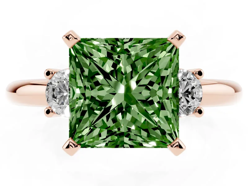 Princess Cut Three Stone Engagement Ring Setting for a Fancy Green Lab-Grown Diamond | Round Side Stones | Rose Gold
