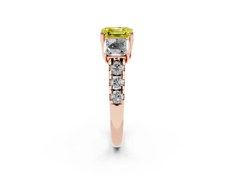 Asscher Cut Three Stone Engagement Ring Setting for a Fancy Yellow Lab-Grown Diamond | Accented Shoulders | Rose Gold