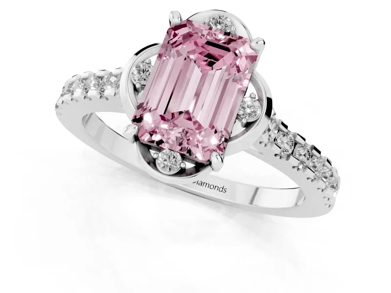 Emerald Cut Floral Petal Engagement Ring Setting for a Fancy Pink Lab-Grown Diamond | Petal Accents | White Gold