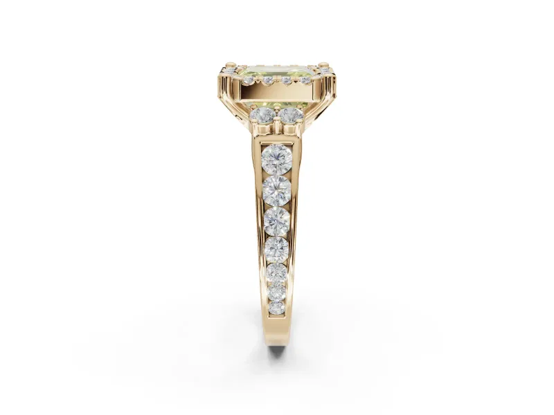 Asscher Cut Halo Engagement Ring Setting for a Fancy Yellow Lab-Grown Diamond | Graduated Channel Band | Yellow Gold