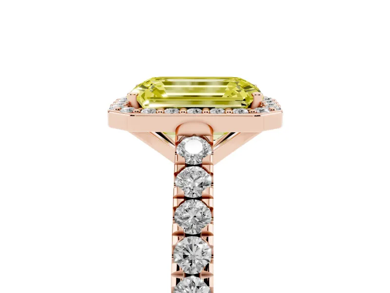 Fancy Yellow Emerald Cut Diamond Halo Engagement Ring Set in Rose gold with Pavé Band and Prong Setting