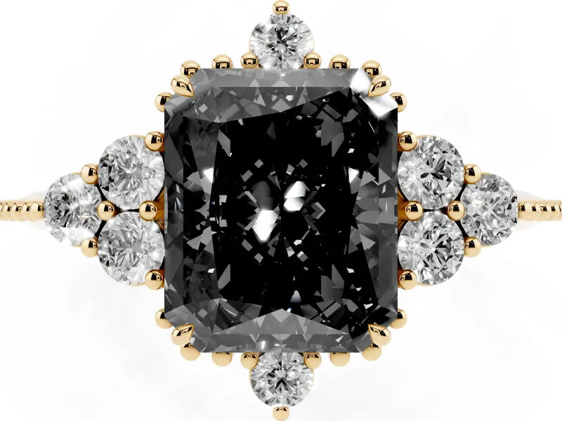 Fancy Black Radiant Cut Diamond Cluster Ring Set in Yellow gold with Beaded Band