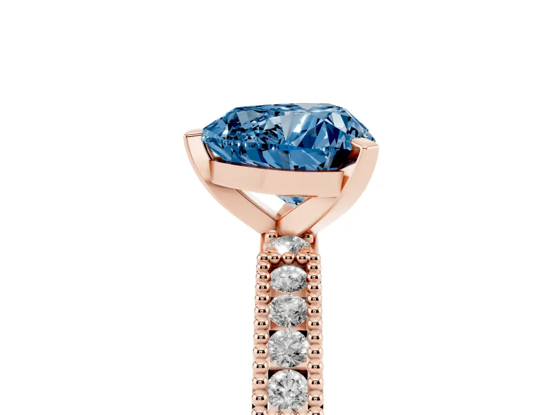 Fancy Blue Heart Cut Diamond Solitaire Ring Set in Rose gold with Slim Pavé Band and Prong Setting