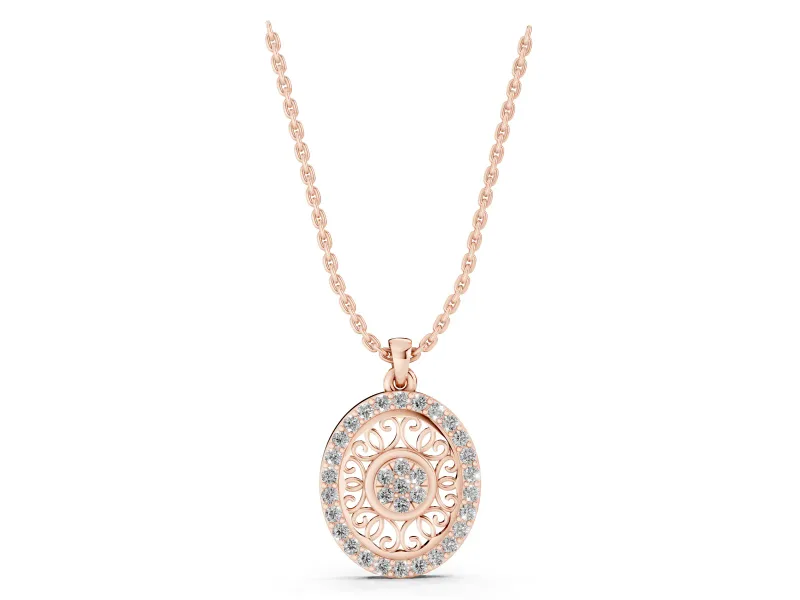 Round Lab-Grown Diamond Oval Filigree Cluster Pendant Necklace | Pavé Edge | Rose Gold