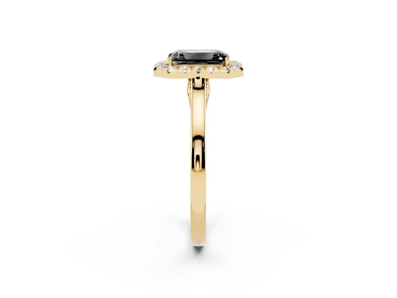 Fancy Black Emerald Cut Halo Round Diamond Solitaire Ring Set in Yellow gold with Pavé Band and Prong Setting