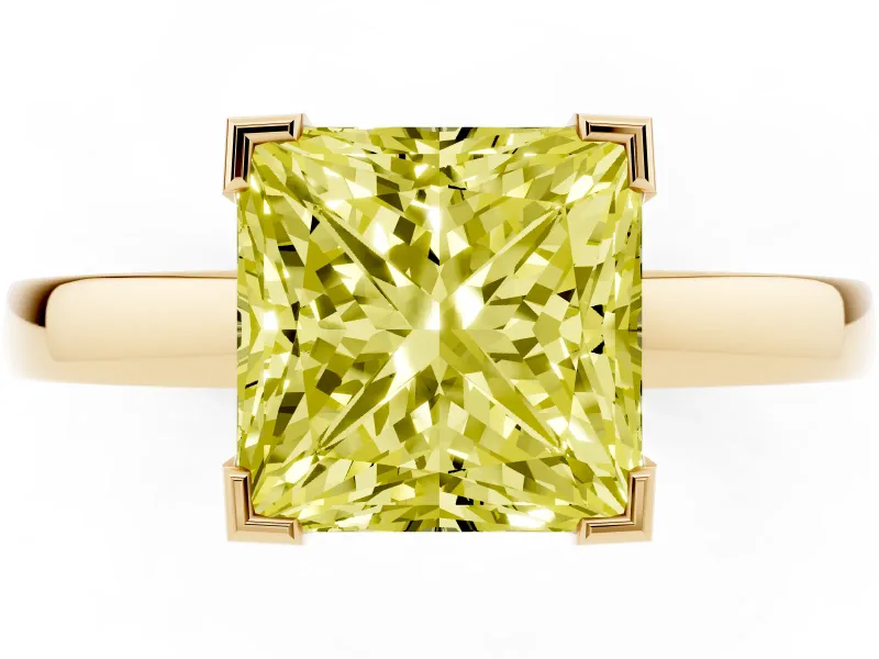 Fancy Yellow Princess Cut Diamond Solitaire Ring Set in Yellow gold with Prong Head and Smooth Polished Band