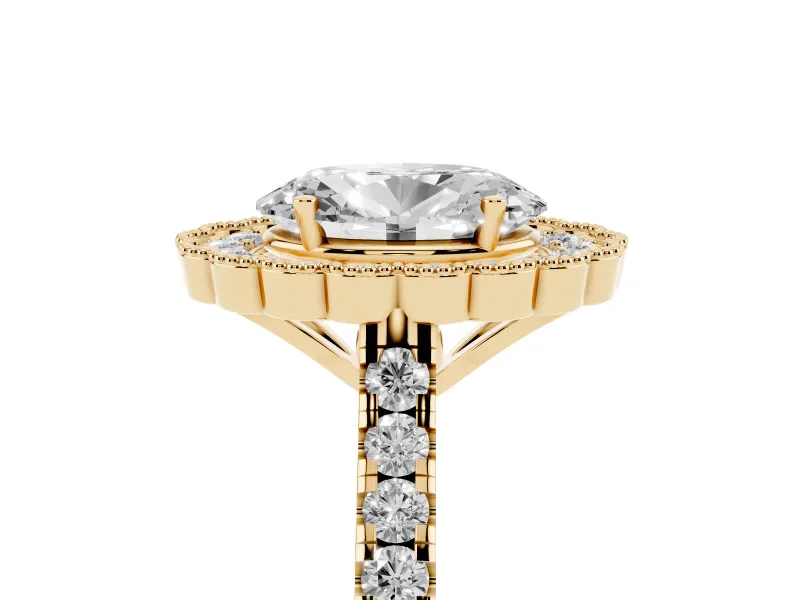 Oval Vintage Milgrain Floral Halo Engagement Ring Setting | Pavé Band | Yellow Gold