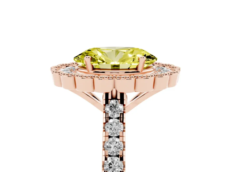 Fancy Yellow Oval Cut Diamond Milgrain Floral Halo Engagement Ring Set in Rose gold with Pavé Band