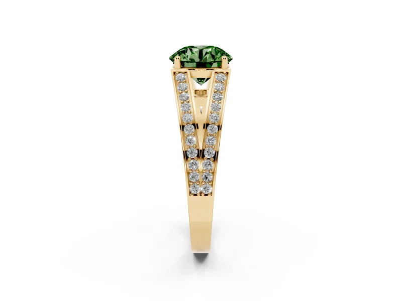 Fancy Green Round Cut Diamond Split Shank Ring Set in Yellow gold with Pavé Band and Prong Setting