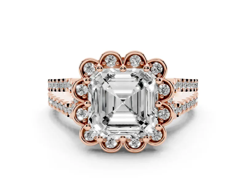 Asscher Cut Diamond Floral Halo Split Shank Engagement Ring Set in Rose gold with Pavé Shank