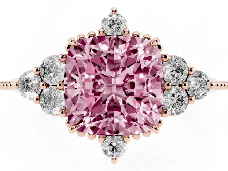 Cushion Cut Cluster Engagement Ring Setting for a Fancy Pink Lab-Grown Diamond | Rose Gold