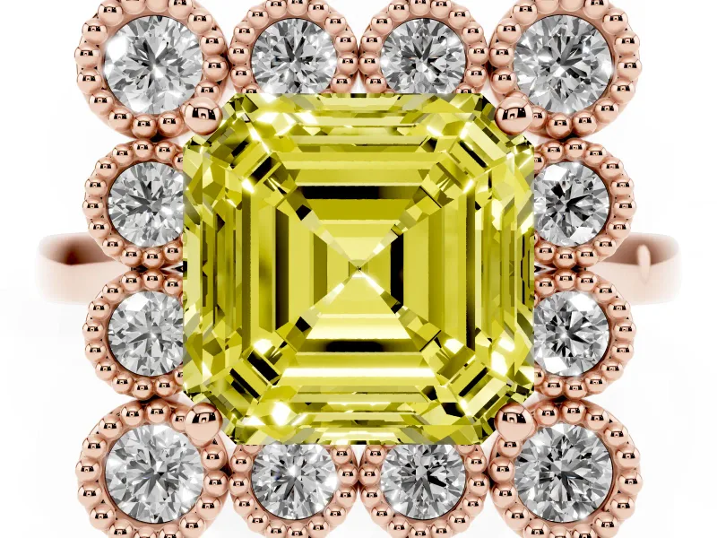 Asscher Cut Milgrain Cluster Halo Engagement Ring Setting for a Fancy Yellow Lab-Grown Diamond | Plain Band | Rose Gold