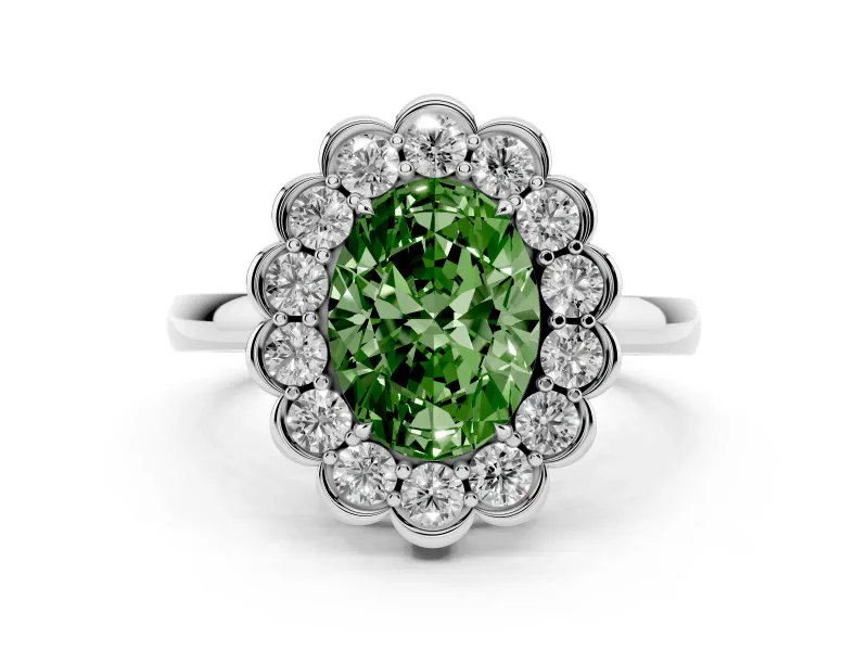 Fancy Green Oval Cut Diamond Halo Cluster Engagement Ring Set in Platinum with Solitaire Band and Prong Setting