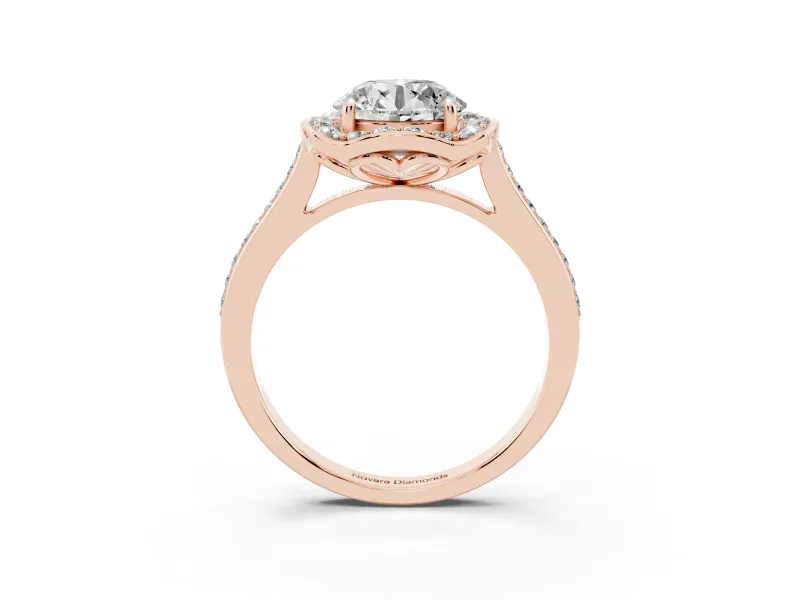Round Petal Tip Halo Engagement Ring Setting | Single Row Pavé Band | Rose Gold