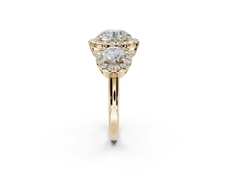 Round Three Stone Halo Engagement Ring Setting | Haloed Side Stones | Yellow Gold