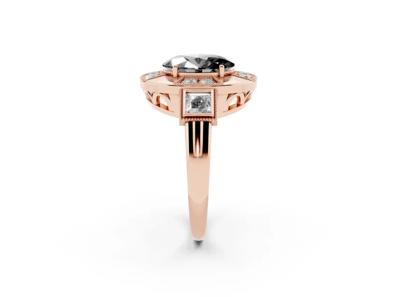Fancy Black Oval Cut Diamond Milgrain Halo Ring Set in Rose gold with Split Shank