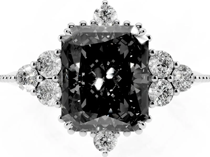 Fancy Black Radiant Cut Diamond Cluster Ring Set in Platinum with Beaded Band