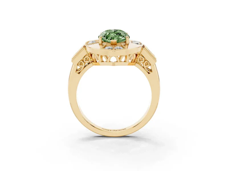 Fancy Green Marquise Cut Diamond Milgrain Halo Ring Set in Yellow gold with Split Shank