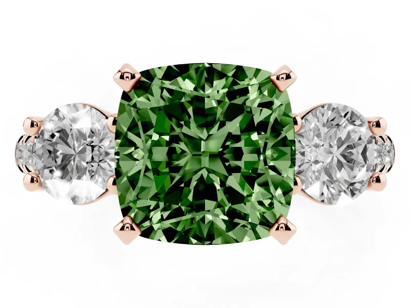 Cushion Cut Three-Stone Engagement Ring Setting for a Fancy Green Lab-Grown Diamond | Rose Gold