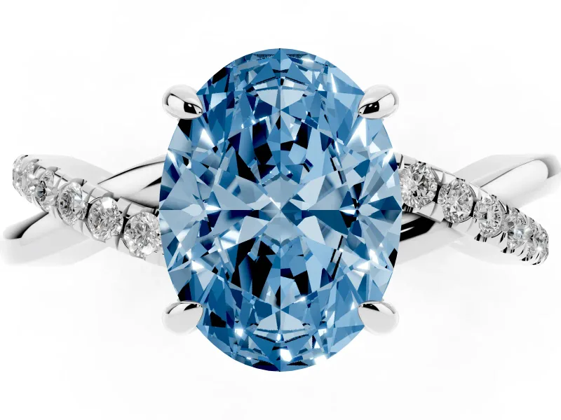 Fancy Blue Oval Cut Diamond Twist Band Solitaire Set in Platinum with Pavé Accents and Prong Setting
