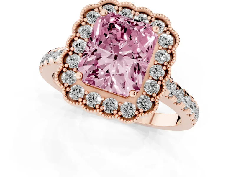Fancy Pink Radiant Cut Diamond Milgrain Floral Halo Engagement Ring Set in Rose gold with Pavé Band