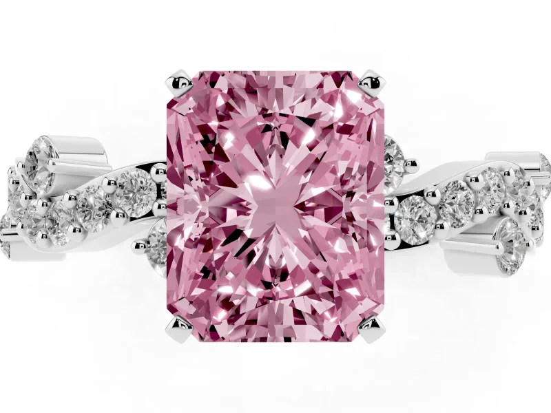 Fancy Pink Radiant Cut Diamond Solitaire Twisted Band Set in Platinum with Pavé Setting