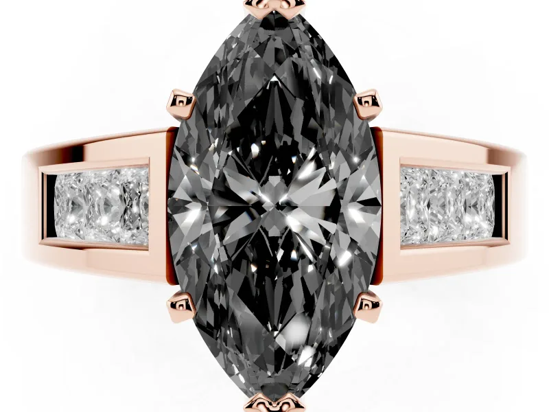 Marquise Channel-Set Engagement Ring Setting for a Black Center | Princess Side Stones | Rose Gold