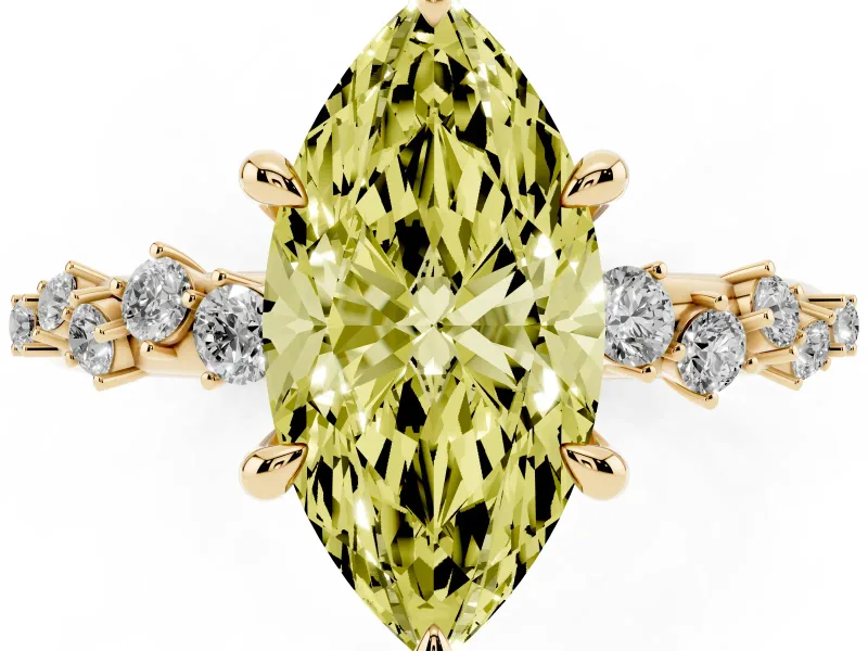 Fancy Yellow Marquise Cut Diamond Solitaire Vine Band Ring Set in Yellow gold with Round Accents and Prong Setting