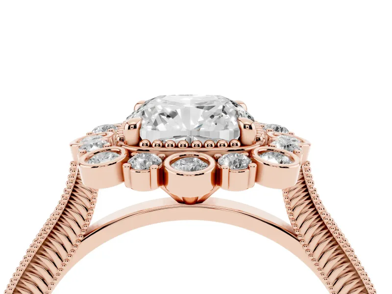 Cushion Cut Diamond Halo Milgrain Pavé Ring Set in Rose gold with Prong Setting