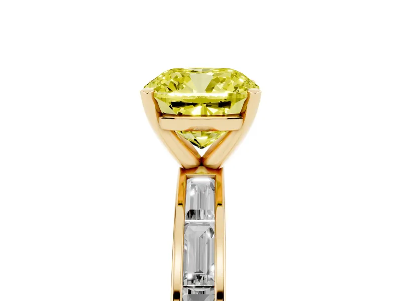 Fancy Yellow Cushion Cut Diamond Solitaire Ring Set in Yellow gold with Channel-Set Baguette Band and Prong Setting